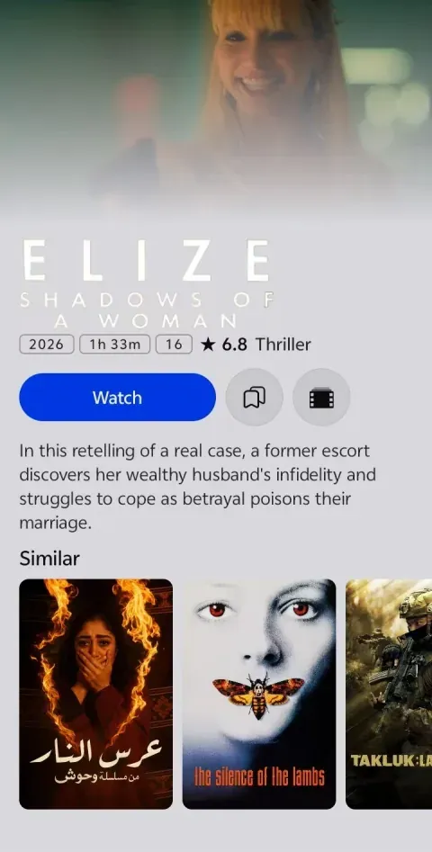 Zenorix thriller detail page for Elize Shadows of a Woman with synopsis and similar thrillers