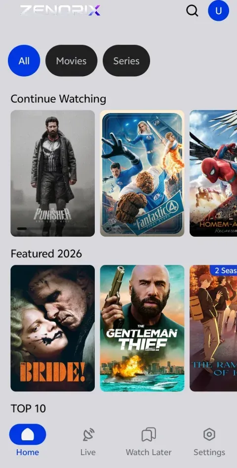 Zenorix home screen showing Continue Watching and Featured 2026 rows with movie and series posters