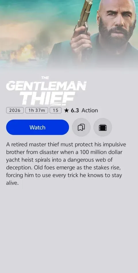 Zenorix movie detail page for The Gentleman Thief with a Watch button and watch later option